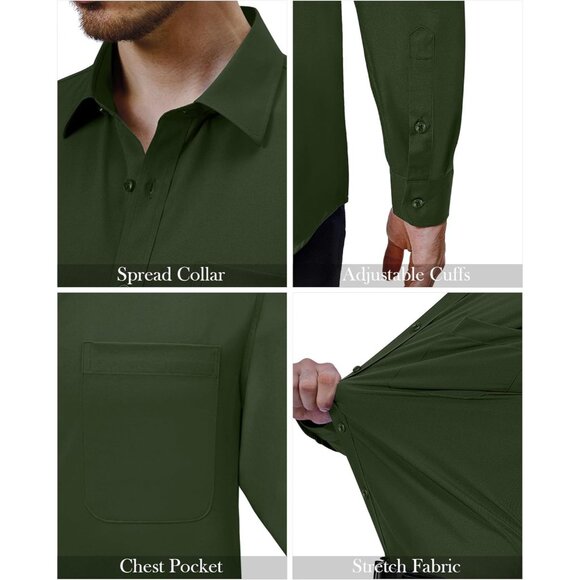 Mens 4-Way Stretch Long Sleeve Collared Casual Dating Button Down Dress Shirt - Picture 5 of 6